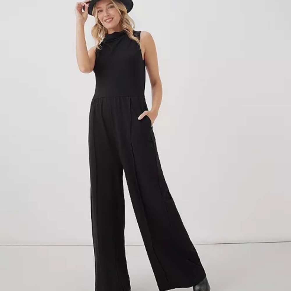 Pact Organic Cotton Fit & Flare Cowl Neck Jumpsuit Wide-Leg Black XXL/2X